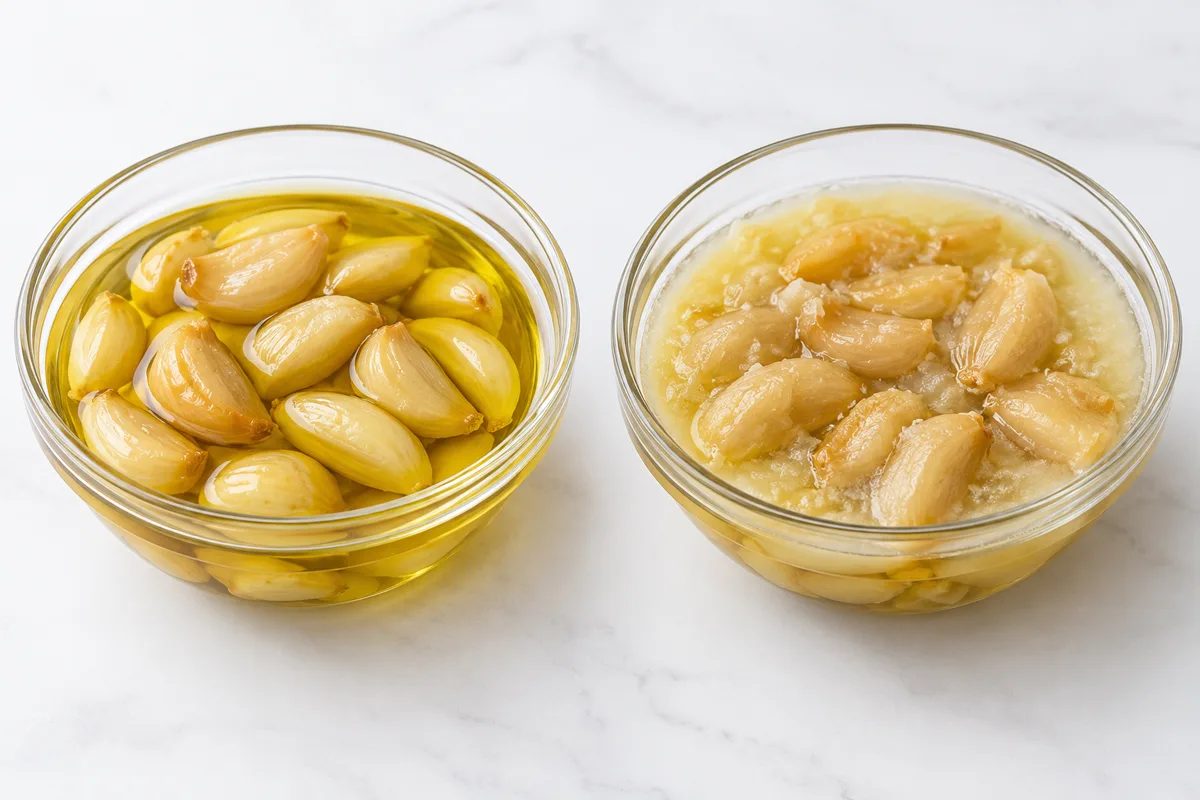 Garlic confit before freezing and after refrigerator thawing
