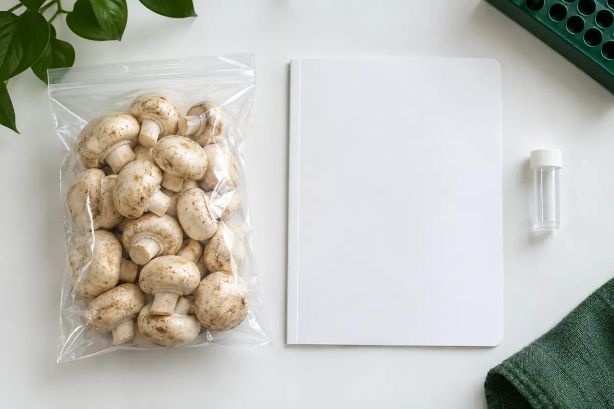 Mushroom sample beside an unmarked test folder